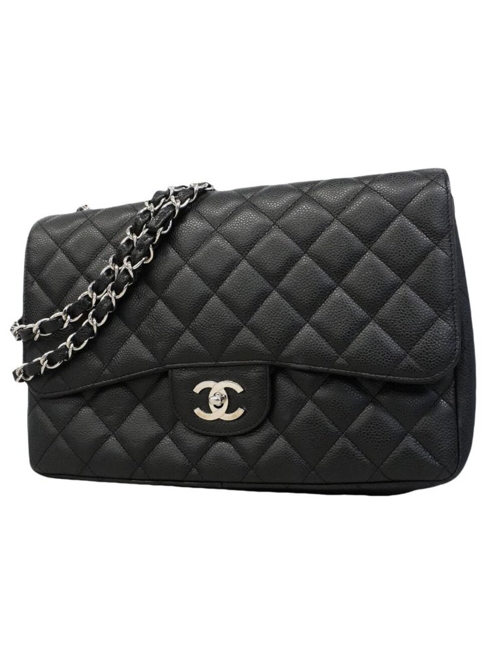 Chanel Shoulder Bag Maxi Quilted Caviar Leather Black Silver